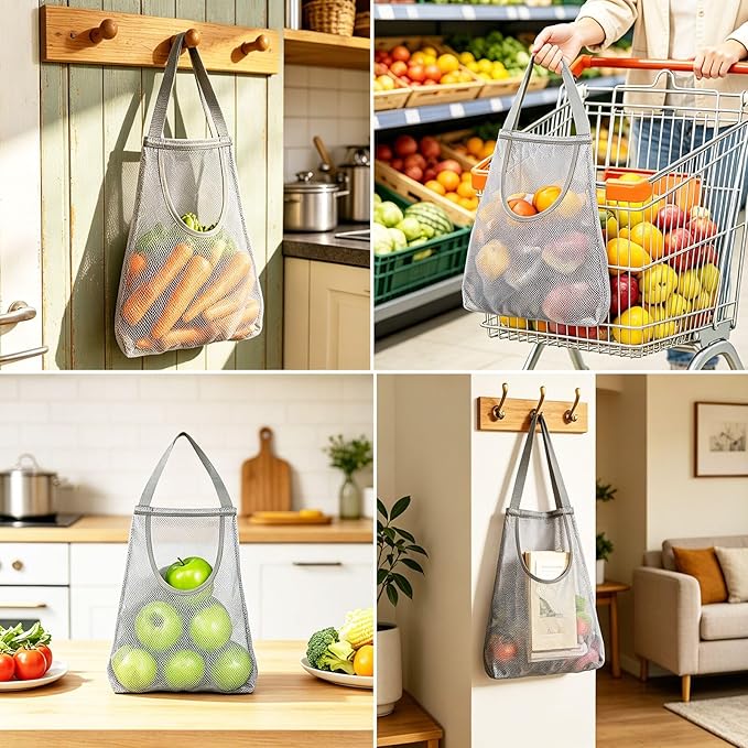 Ahyuan 5 Pack Hanging Mesh Storage Bags For Potatoes,Onions,Garlics,Vegetables Long and Large Reusable Net Storage Tote Bags for Fruit Veggies Green Pepper or Garbage Bag (Gray)