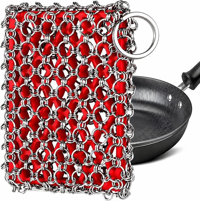 TEZZ Cast Iron Scrubber, Skillet Chainmail Scrubber for Cast Iron Pan - Chain Mail Scrubber Cast Iron Sponge - Metal Scrubber Cast Iron Skillet Cleaner, Wok, Frying Pans, Dutch Oven Cleaning Scrubber