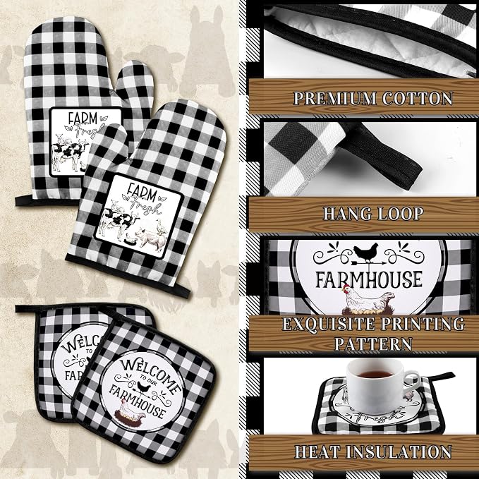 Bencailor 6 Pcs Farm Kitchen Towels Oven Mitts and Pot Holders Decorative Dish Towels Tea Non Slip Heat Resistant Oven Gloves for Summer Home Cooking Dish Baking BBQ, Black, White
