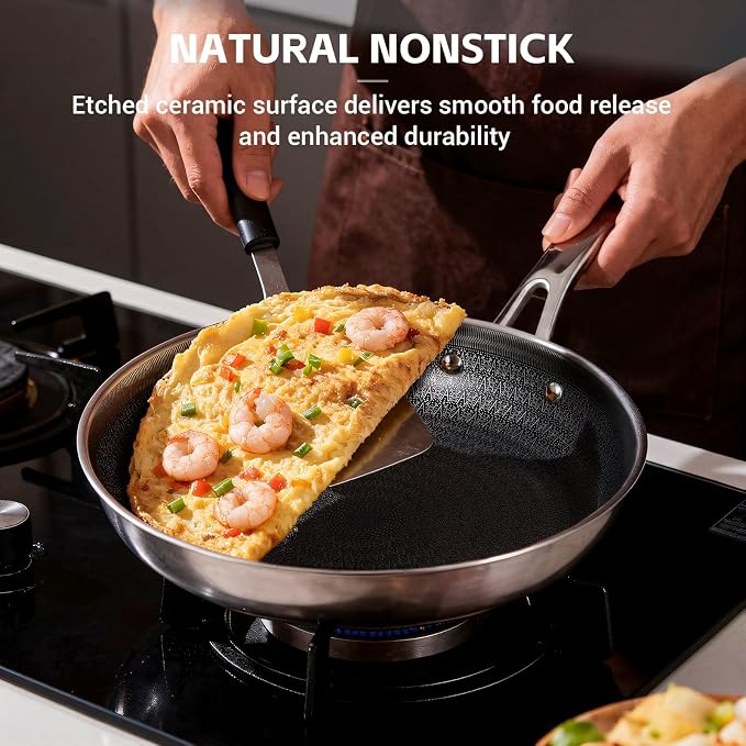 Ammeloo Hybrid Tri-Ply Stainless Steel Frying Pan Set, 8"/9.5"/11" Cooking Pans, Non Stick Frying Pans and Skillets, Chef Pan, Non Toxic, Dishwasher Safe, Induction Compatible, Black Interior