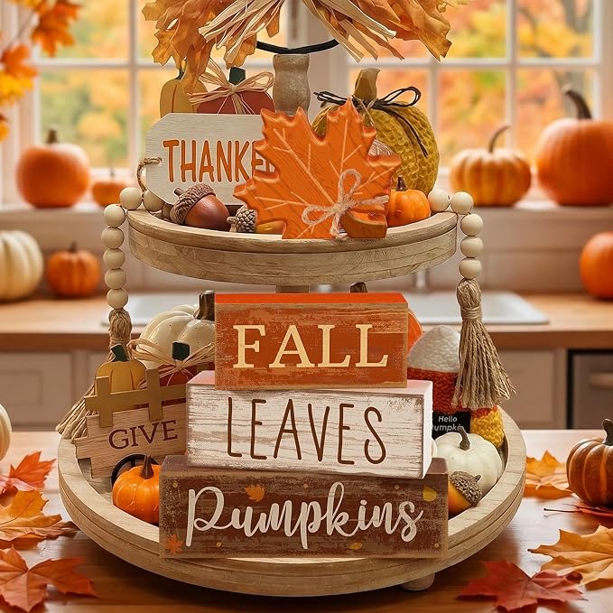 Lineshading 4 Pcs Fall Wood Block Signs Farmhouse Tabletop Decor Pumpkin | Rustic Stacked Blocks with Maple Leaf, Tiered Tray Mantel Decor, Harvest Thanksgiving Accents, Distressed Wood Finish