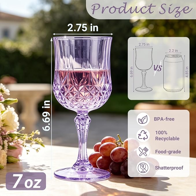 48Pack Plastic Wine Glasses, 7oz Vintage Goblets for Wedding | Unbreakable Crystal Style Reusable Stemware, Elegant Purple Drinking Glass for Party Anniversary & Holiday Celebration