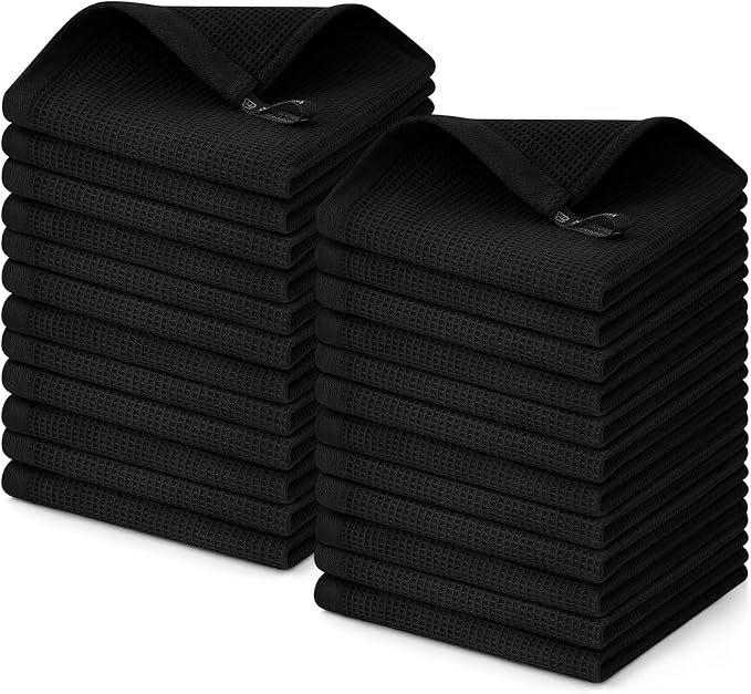 Homaxy 100% Cotton Waffle Weave Dish Cloths, 24 Pack, Black | Soft and Absorbent Dish Towels, 12 x 12 Inches Quick Dry Dish Rags