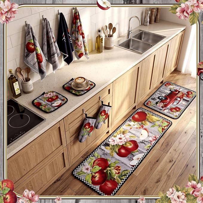 Fourluoo 10 Pcs Apple Kitchen Decor Set Apple Kitchen Rugs and Towels Oven Mitts and Pot Holders Sets for for Cooking Baking Mom Housewarming Gifts