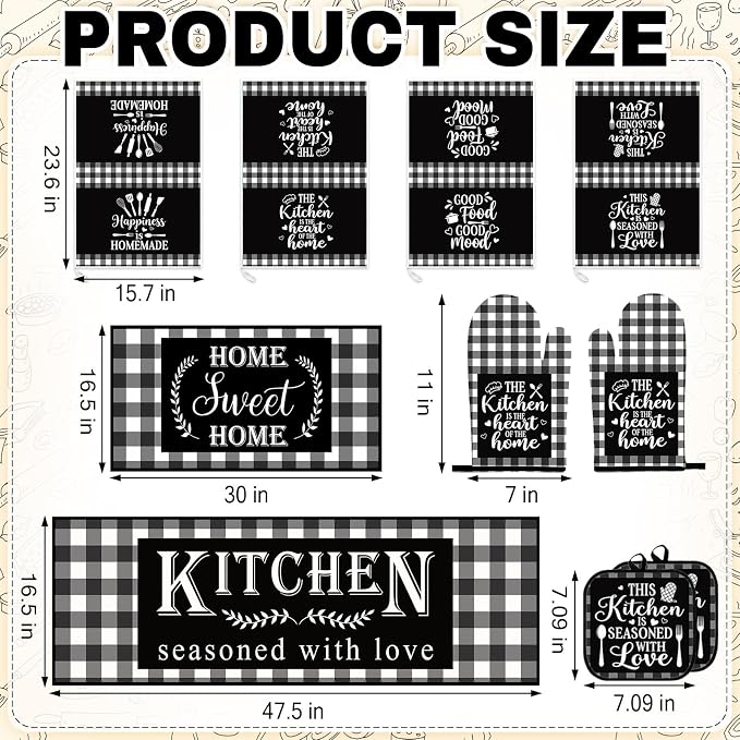 10 Pcs Kitchen Decor and Accessories Set, Plaid Checkered Buffalo | Black 4 Dish Towels Kitchen Rugs 2 Oven Mitts 2 Pot Holders, Home Decor for Cooking Baking BBQ Gifts Women Mom Housewarming
