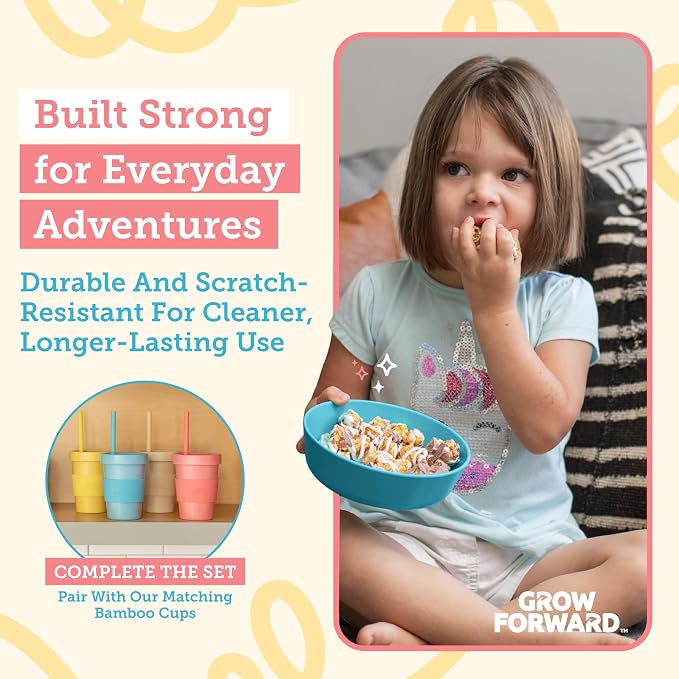 Grow Forward Bamboo Kids Plates and Bowls Sets - 8-Piece Dishwasher Safe Non Toxic Plates for Kids - Reusable Eco Friendly BPA Free Dishes Dinnerware Sets for Children - Paradise