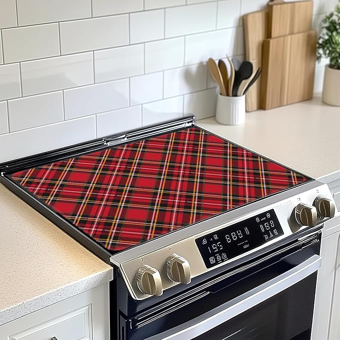 Red Black Plaids Stove Top Cover Glass Cooktop Heat Resistant Cover,Retro Christmas Plaid Ceramic Stove Top Covers Mat Prevents Scratching Stoves/Counter/Washer Protector,28x20 in