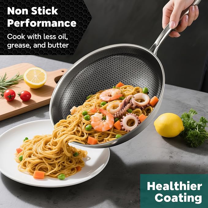 Wok Pan, 13-Inch Stainless Steel Woks & Stir-Fry Pans Nonstick, Wok Pan with Lid for Induction, Hybrid，Electric, Gas, Halogen, All Stoves, Professional PFOA Free Cookware, Dishwasher & Fast Heat