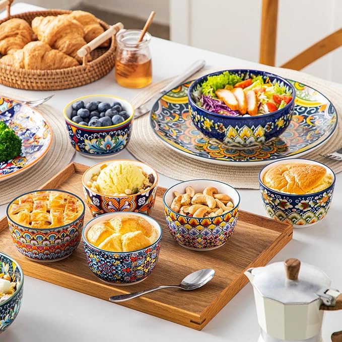 vancasso 8 Oz Ramekins Oven Safe Set of 6, Ceramic Baking Souffle Dishes | Bohemian Ramekins for Creme Brulee, Souffle, Custard, Pudding, Small Bowls for Snacks, Ice Cream, Microwave & Dishwasher Safe
