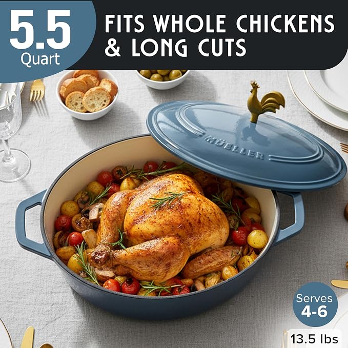 MUELLER HOME 5.5 Quart Enameled Cast Iron Oval Dutch Oven w Rooster Knob & Cotton Potholders, Heavy-Duty Cookware, Oven-Safe up to 500° F & Across All Cooktops, Gifts for Grandma & Women, Mineral Blue | w Rooster Knob & Cotton Potholders, Heavy-Duty Co...