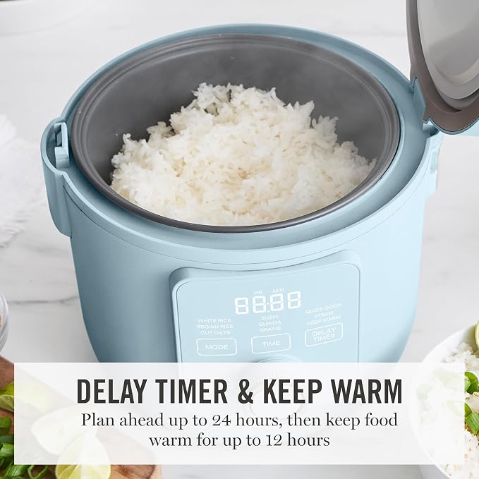 Martha Stewart 8 Cup Cooked (4 Cup Uncooked) Rice Cooker & Steamer, Blue | PFAS-Free Ceramic Nonstick Removable Pot, 9 Modes, Keep Warm, Steamer, White & Brown Rice, Quinoa, Grains, Oats, Easy Clean
