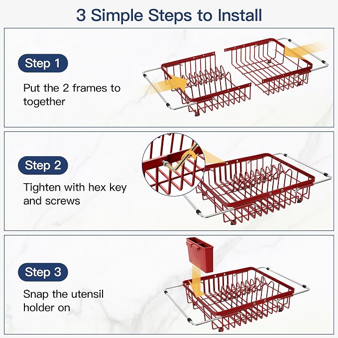 JASIWAY Red Dish Drying Rack Over the Sink with Utensil Holder | Expandable Stainless Steel Dish Driainers for Small Kitchen, Counter Space Saving, Fast Drain, Rust Resistant, For Apartment