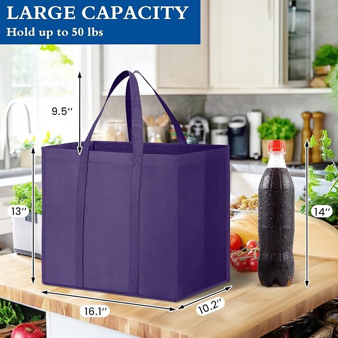 Reusable Grocery Shopping Bags 10 Pack Large Foldable Tote Bags Bulk | Eco Produce Bags with Long Handle for Shopping Groceries Clothes (Purple)