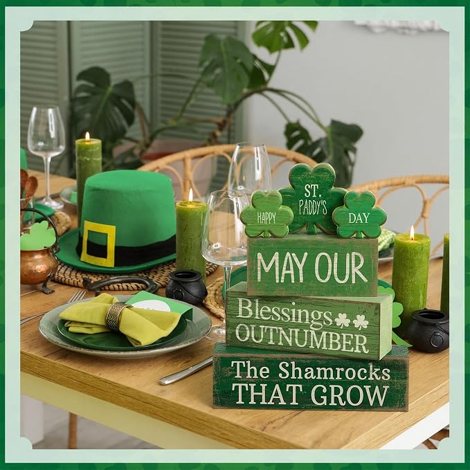 Lineshading 4 Pcs Wooden Shamrocks Block Signs Farmhouse Tiered Tray | Rustic Tabletop Decoration, Stacking Design with Shamrock Cutouts, Irish Blessings Message, St. Patrick's Day Display
