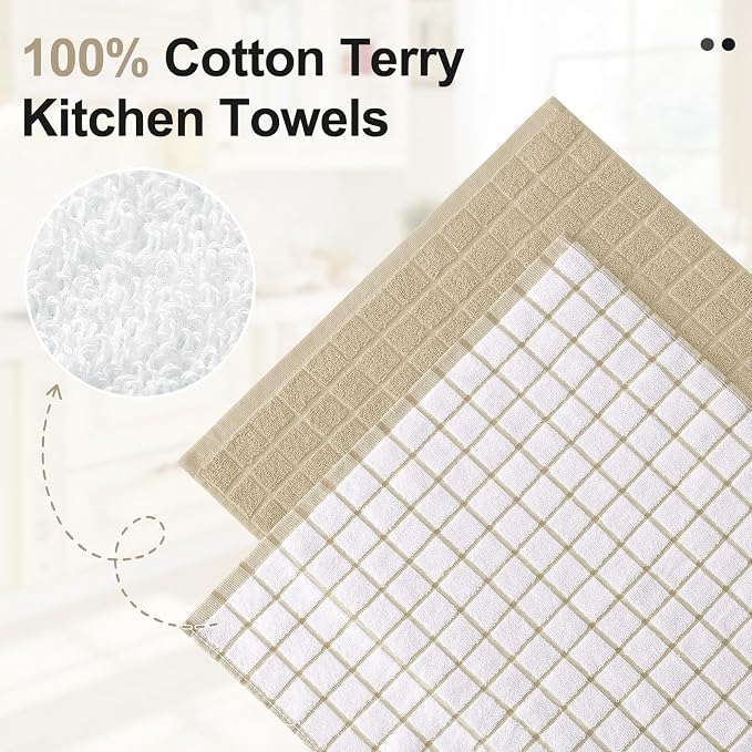 Homaxy Large Premium Cotton Kitchen Towels 16"x 28", 8 Pack, Tan | Natural Ring Spun 390 GSM Dish Towels, Super Absorbent Terry Kitchen Hand Towels, Soft Tea Towels with Hanging Loop