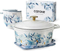 CAROTE 5QT Enameled Floral Cast Iron Dutch Oven Pot with Lid | Sourdough Bread Baking with Cotton Potholders & Oven Gloves, Gift Box, Cookware for Braising, Oven Safe up to 500° F