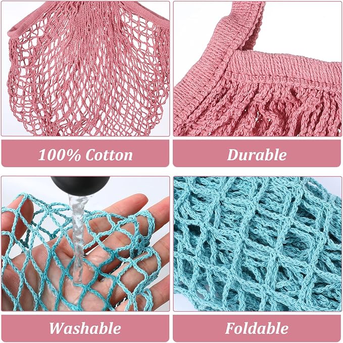 Mabor 2 Pcs Mesh Tote Bag, Reusable Foldable Cotton Mesh Grocery Produce Bag for Shopping, Lightweight Net Tote, Blue & Pink