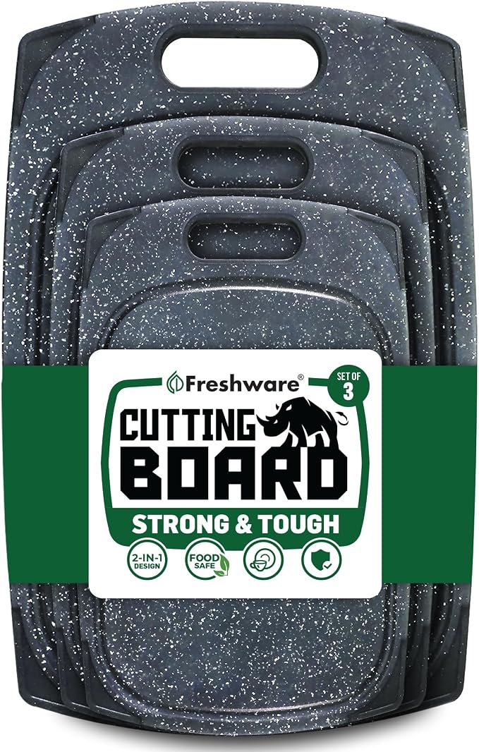 Plastic Cutting Boards for Kitchen, Cutting Board Set of 3, Juice Grooves with Easy Grip Handle, BPA-Free, Non-Porous, Dishwasher Safe, Black Marble