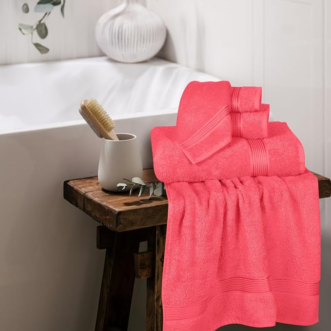 Ultra Soft 6 Pack Cotton Towel Set, Contains 2 Bath Towels 28x55 inch, 2 Hand Towels 16x24 inch & 2 Wash Coths 12x12 inch, Ideal for Everyday use, Compact & Lightweight - Coral Orange