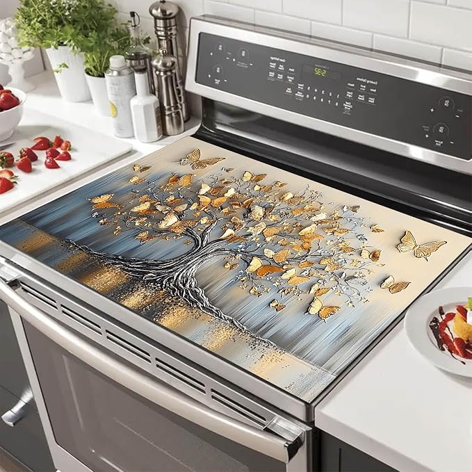 HOMETITUTE Golden Butterfly Tree Stove Top Cover 28x20 Metallic Diatomite Mat