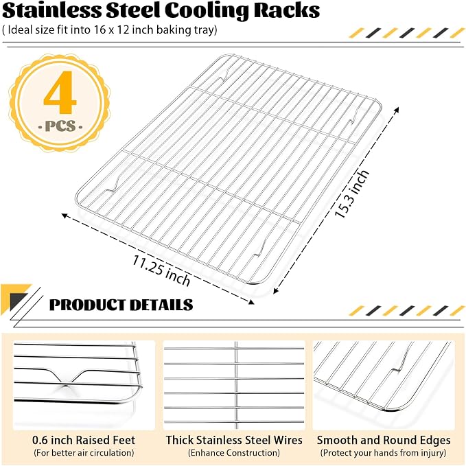 P&P CHEF 4 Pcs Baking Wire Rack for Cooling, 15.3 Inch | Rectangle Cooling Racks for Cooking and Roasting, Fit for Oven Pan, Healthy & Non-Toxic, Rust Free & Dishwasher Safe