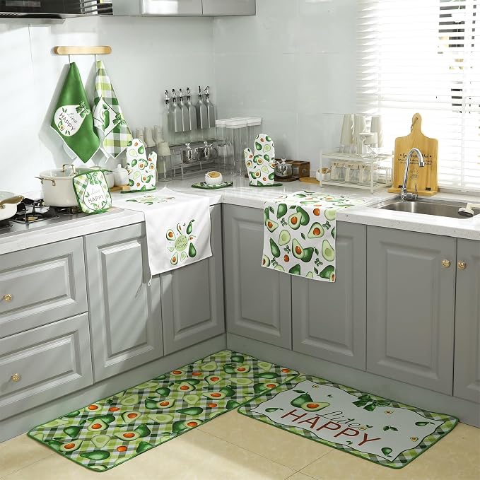 Fourluoo 10 Pcs Avocado Farmhouse Kitchen Decor Set Dish Towels Kitchen Rugs Oven Mitts and Pot Holders Set for Cooking Baking Grilling Women Mom Daughter Gift(Green)