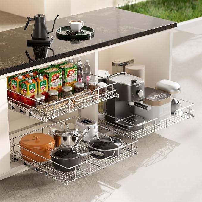 2 Tier Pull Out Cabinet Organizer 11" W X 17" D, Chromed, Full Slide Out | For Kitchen Organizers and Storage, Pull Out Drawers For Cabinets Capacity Heavy Duty Caddy, Cabinet Shelves, Bathroom Pantry