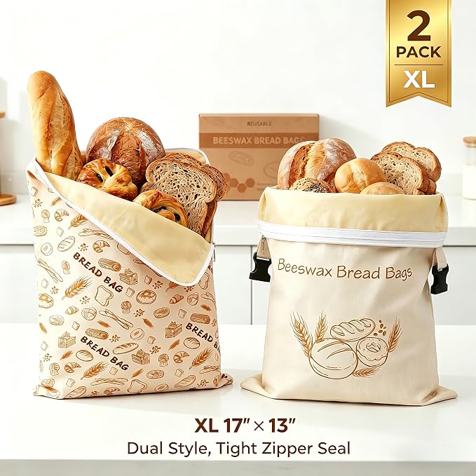 Two Styles Reusable Beeswax Bread Bags for Homemade Sourdough | Organic and Freezer Safe Bread Bags, Linen with Zipper and Buckle to Keep Bread Fresh, Great Gift for Baking Enthusiasts