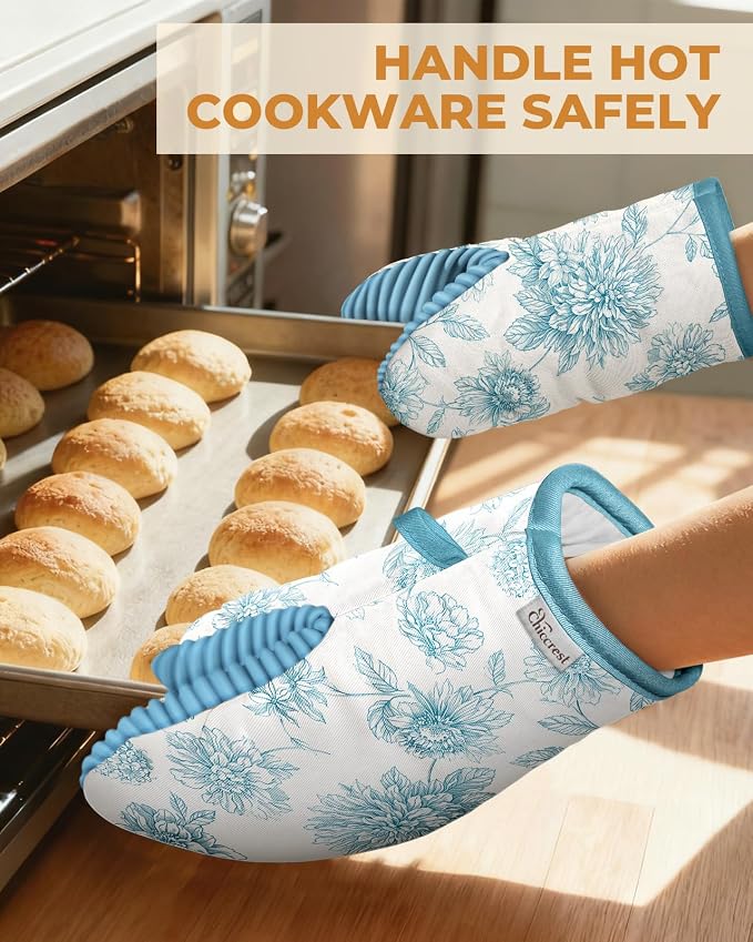 100% Thick Cotton Oven Mitts Ribbed Soft Silicone Blue Floral | Aesthetic Oven Mitts for Women, Machine Washable Non-Slip Kitchen Mitts, Reversible for Both Hands, Stylish Kitchen Decor