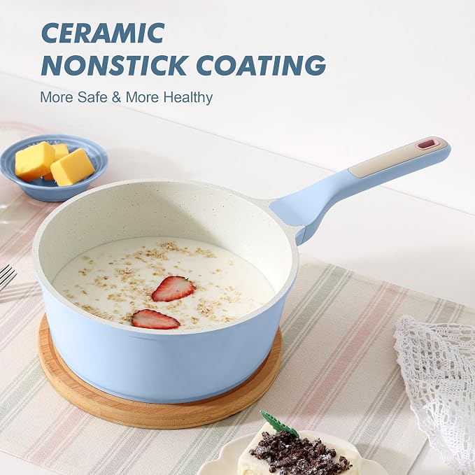 SENSARTE Ceramic Nonstick Saucepan with Lid 1.5 QT, PTFE/PFAS Free, Blue | Small Kitchen Cooking Pot with Stay Cool Handle, Induction Compatible, Ceramic Coating
