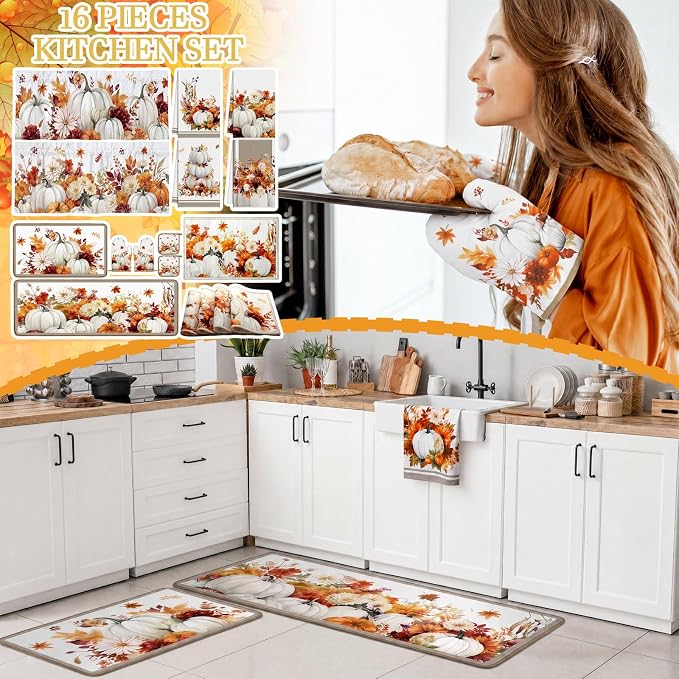 16 Pcs Fall Pumpkin Kitchen Decor and Accessories Set 4 Fall Kitchen Towel 4 Pumpkin Placemat 2 Non Slip Rug and Mat Set for Floor 2 Oven Mitt Glove 2 Pot Holder 2 Curtain for Harvest Home Decor Gift