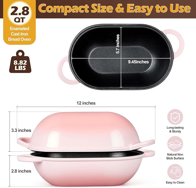 Homikit Enameled Cast Iron Dutch Oven for Bread Baking, 2.8 QT Oval Bread Oven Pot with Lid, 9.5 x 5.7 Inch Sourdough Loaf Baking Pan for Homemade Bread, Heavy Duty & Oven Safe, Pink