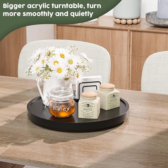 Lazy Susan for Table, 12 Inch Non-Skid Bamboo Turntable Organizer | Salt Pepper Spices and Olive Oil Next to Stove, Wooden Rotating Tray for Kitchen Countertop Organizer, Black