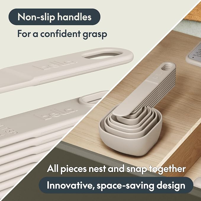 bella 9-Piece Nested Measuring Cups & Spoons Set, Stackable, 4 Cups, 4 spoons, 1 Leveler, Non-slip handles, Kitchen Cooking Baking Measuring Set, BPA Free, Dishwasher Safe, Oatmilk