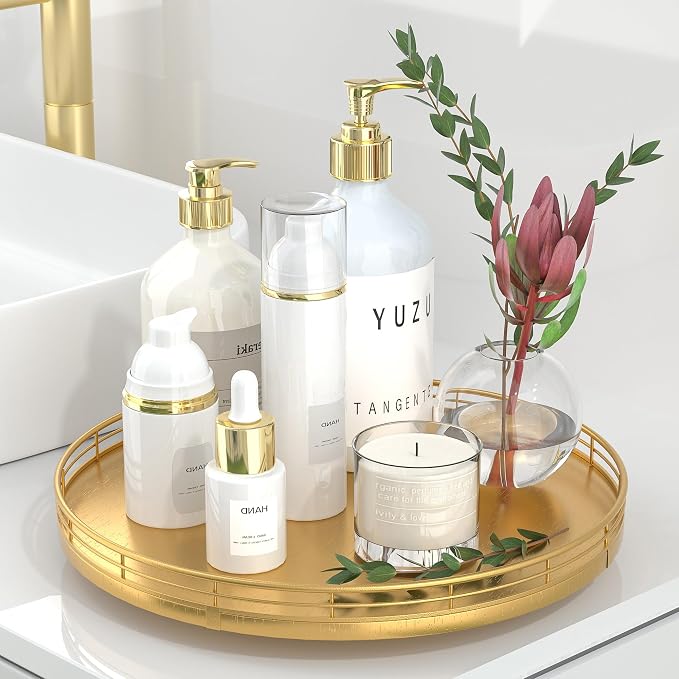 Oroyutor 12-Inch Oak Lazy Susan Decorative Tray with Gold Metal Rail | Rotating oak tray organizes spices, toiletries and decor on kitchen counters, bathroom vanities, dining and coffee tables.