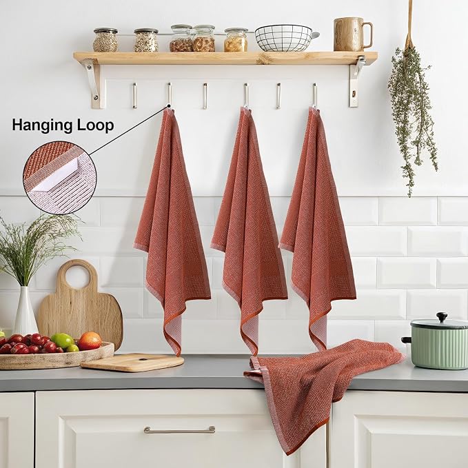 Mordimy Premium Large Cotton Kitchen Towels (18"x 28", 3 Pack), Rust | 100% Ring Spun Cotton, Super Absorbent, 380 GSM, Flat & Terry, Soft, Hanging Loop Dish Towels