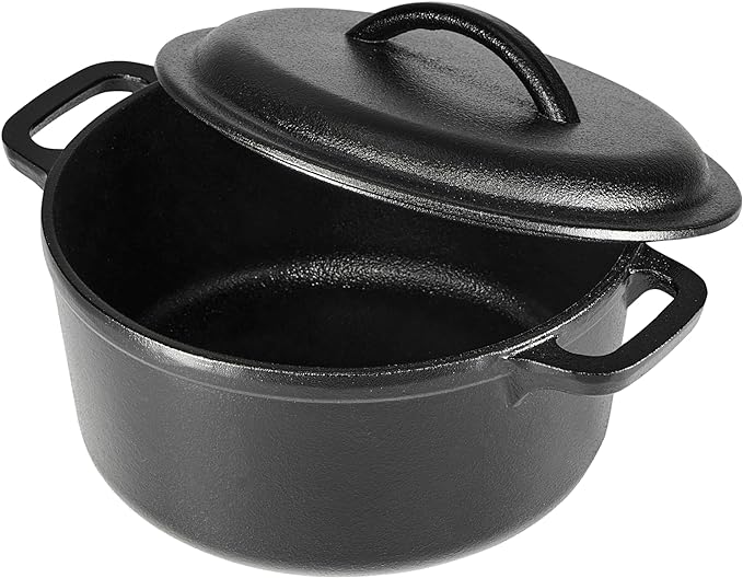 Amazon Basics Pre-Seasoned Cast Iron Mini Dutch Oven Pot with Lid and Dual Handles, Oven Safe, 2-Quart, Round, Black
