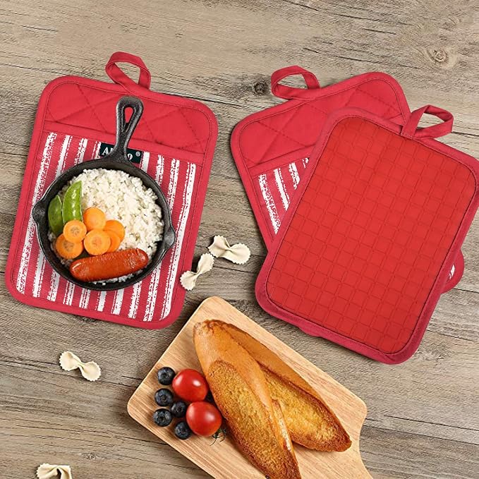 Alselo Silicone Pot Holders Set of 3 Heat Resistant & Non Slip Potholders | Professional Oven Hot Pads with Pockets Mitts for Kitchen Cooking Baking Barbecue (Red, 3)