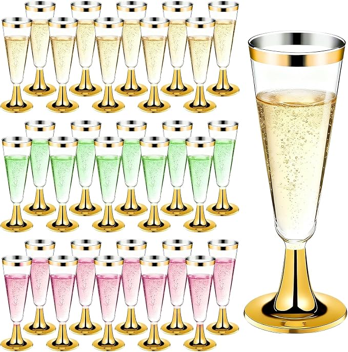 GuanQiao 200 Pack Plastic Champagne Flutes with Gold Rim Gold Bottom, 5.5 Oz Clear Disposable Plastic Champagne Glasses, Wine Glasses Cups for Wedding Celebration New Years Eve Party Supplies