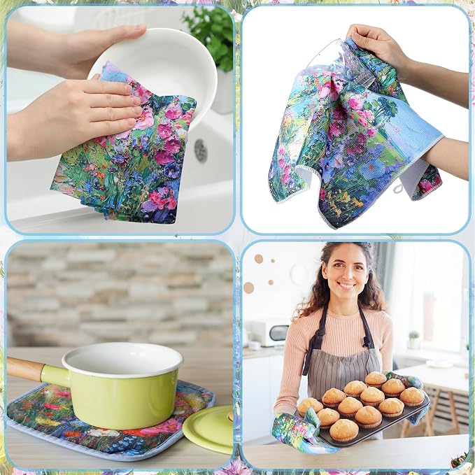 Fourluoo 10 Pcs Spring Kitchen Decor Sets Oil Painting Kitchen Towels Pot Holders Oven Mitts Floral Non Slip Rugs and Mats for Floor Home Accessories Cooking Baking Grilling