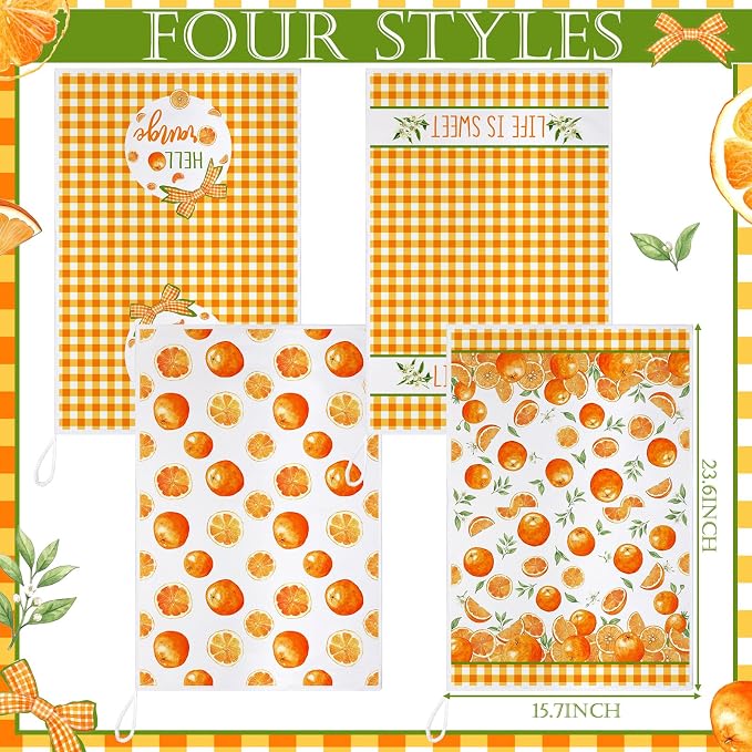 4 Pcs Orange Kitchen Towels, Citrus Grid Hand Dish Towels | Absorbent Fast Drying Dishcloth Housewarming Gift for Cooking Kitchen Decor Bathroom Home Party