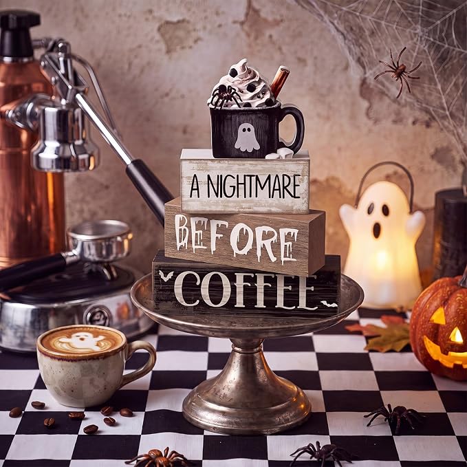 Lineshading 4 Pcs Halloween Farmhouse Tabletop Decor, Ghost Mug Topper | Rustic Wooden Block Signs with Coffee Theme, Perfect for Tiered Tray Decor and Home, Includes Decorative Mug Topper