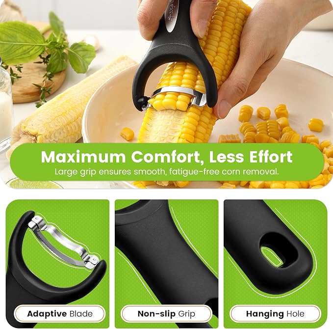 Spring Chef Stainless Steel Corn Peeler, Corn on the Cob Stripper Tool, 2Pk | Durable Corn Kernel Remover Tool with Ergonomic Handle – Easy to Use Kernel Cutter - Dishwasher Safe Corn Cutter, Black