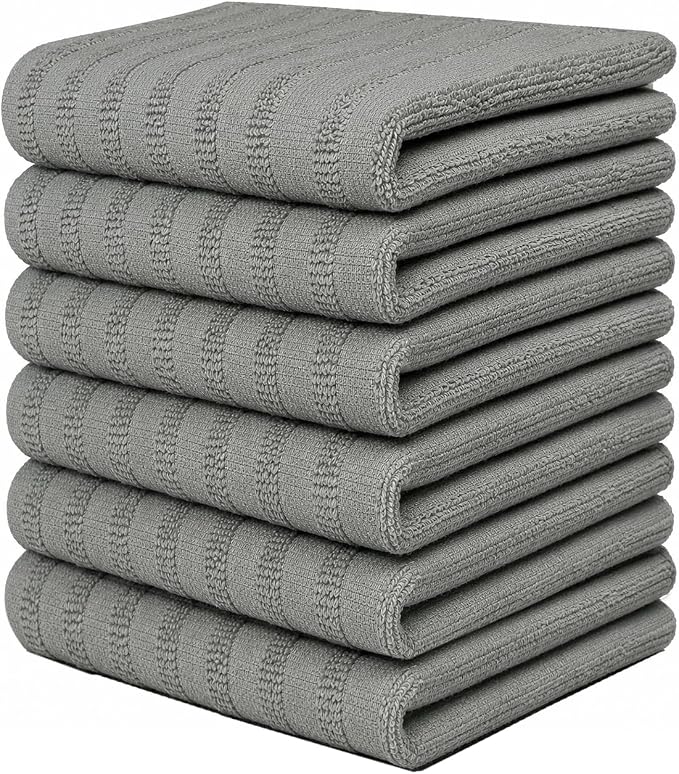 Premium Kitchen Towels 6 Pack 100% Cotton, 20"x28" - Grey Solid | Large 450 GSM Terry Dish Towel, Kitchen Hand Towels with Hanging Loop, Highly Absorbent for Washing and Drying Dishes