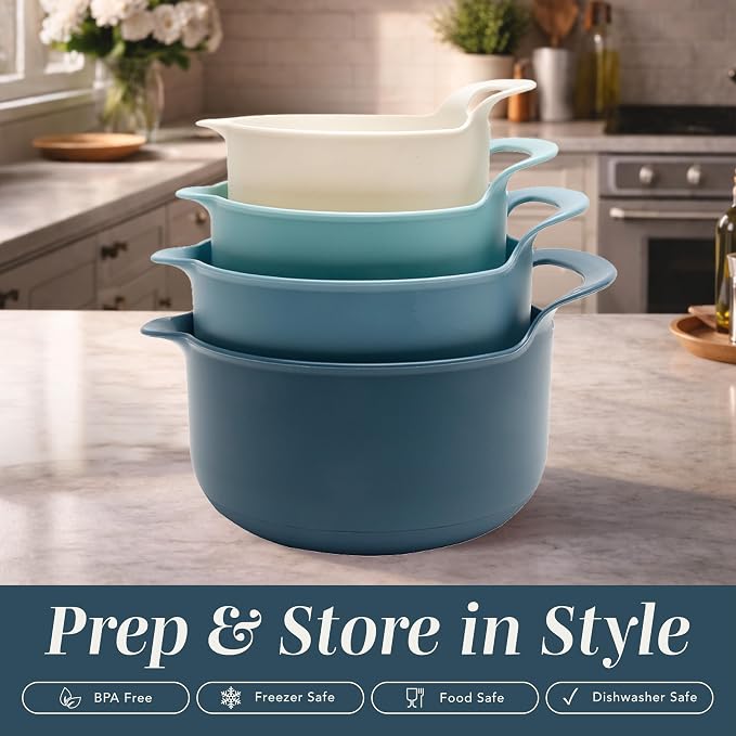 COOK WITH COLOR Nesting Plastic Mixing Bowl Set with Pour Spouts and Handles, Blue, 4 Piece Non-Slip