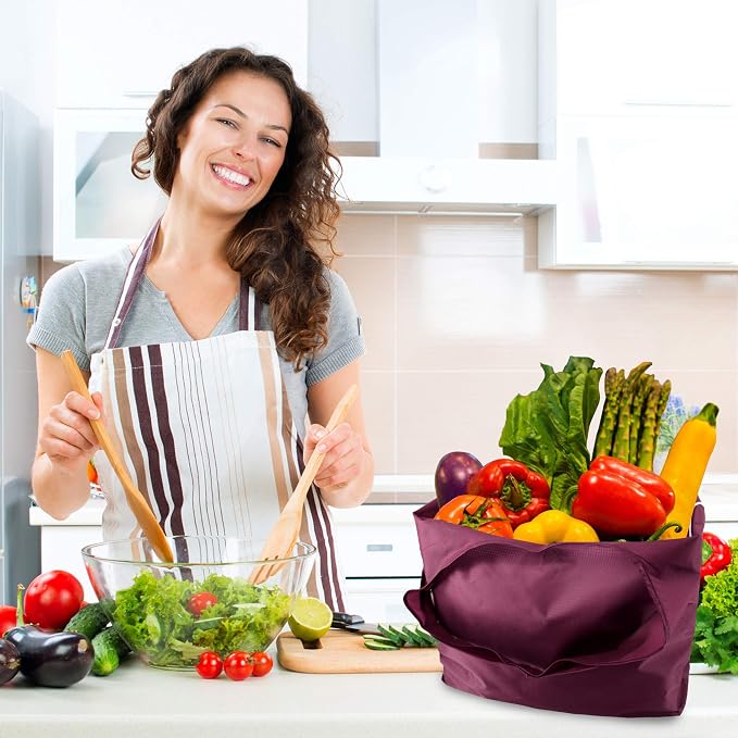 BeeGreen Burgundy Reusable Grocery Bags with Zipper Storage Pouch 10 Packs Wine Red Reusable Shopping Bags Bulk Foldable-Machine Washable