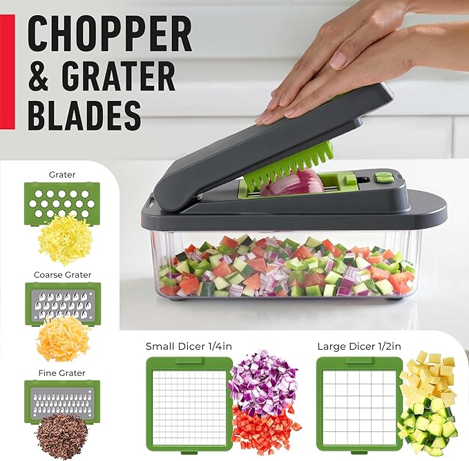 MUELLER HOME Pro-Series 10-in-1 Vegetable Chopper with Container, 8 Blade | Fruit Cutter, Dicer, Tomato Slicer, French Fry Cutter Potato Slicer, Salad Chopper, Gray/Green