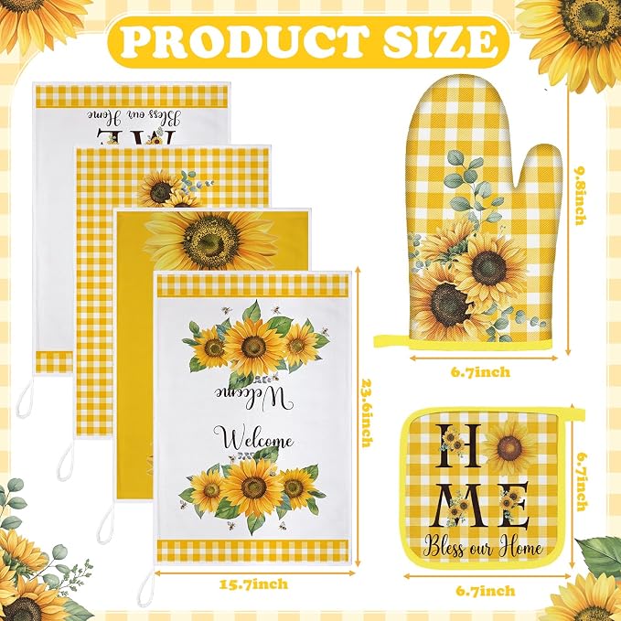 Leinuosen 8 Pcs Sunflower Yellow and White Checkered Kitchen Towels and Dishcloths Sets Pot Holders and Oven Mitts Sets Absorbent Kitchen Gloves Potholders Heat Resistant for Chef Baking Cooking
