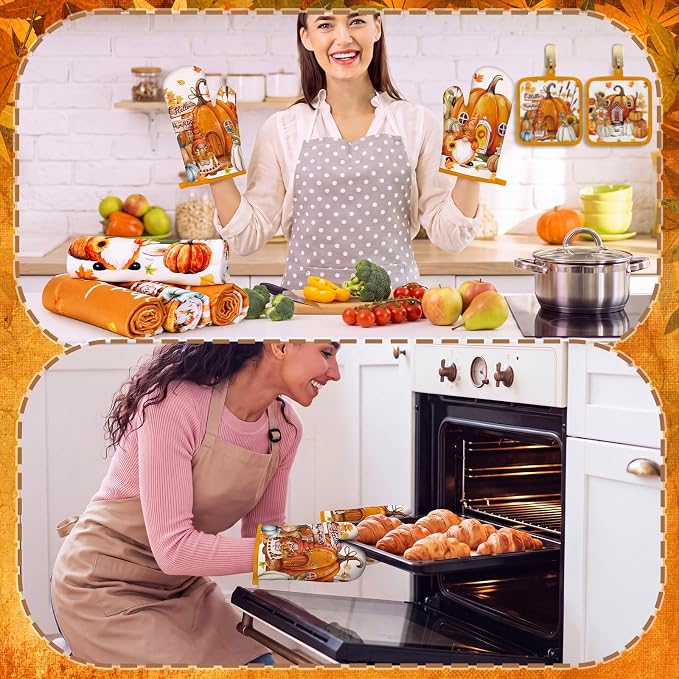 Fanfanwin 10 Pcs Fall Pumpkin Kitchen Decor and Accessories Set Autumn Kitchen Towels Rugs Pot Holders Oven Mitts Set Gnome Maple Leaves Decorations for Baking Cooking BBQ Autumn Home