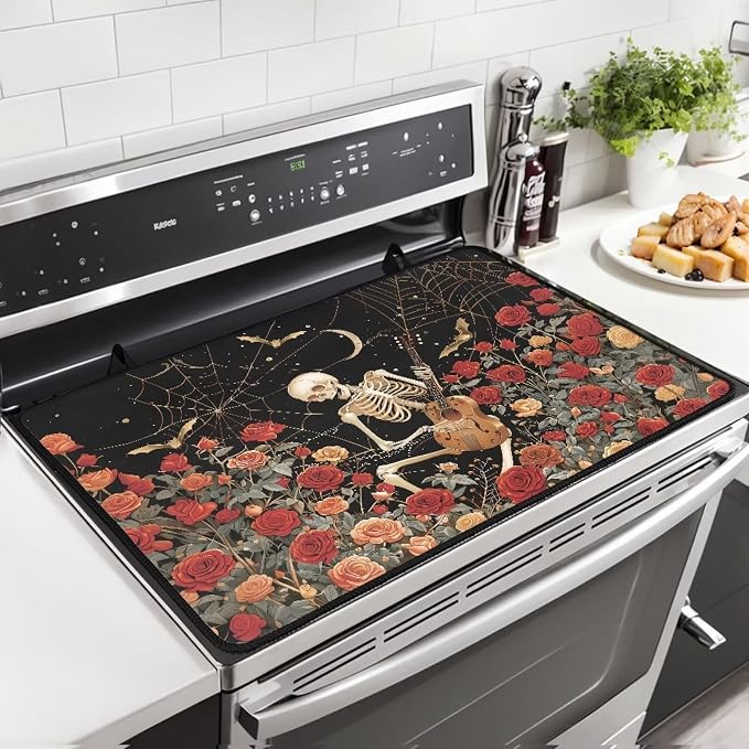 Halloween Skeleton Rose Cover for Electric Stove, Induction Cooktop Protector, Non-slip Dust-proof Dish Drying Mat, Portable tove Guard Protector, Heat Resistant Insulation Pad